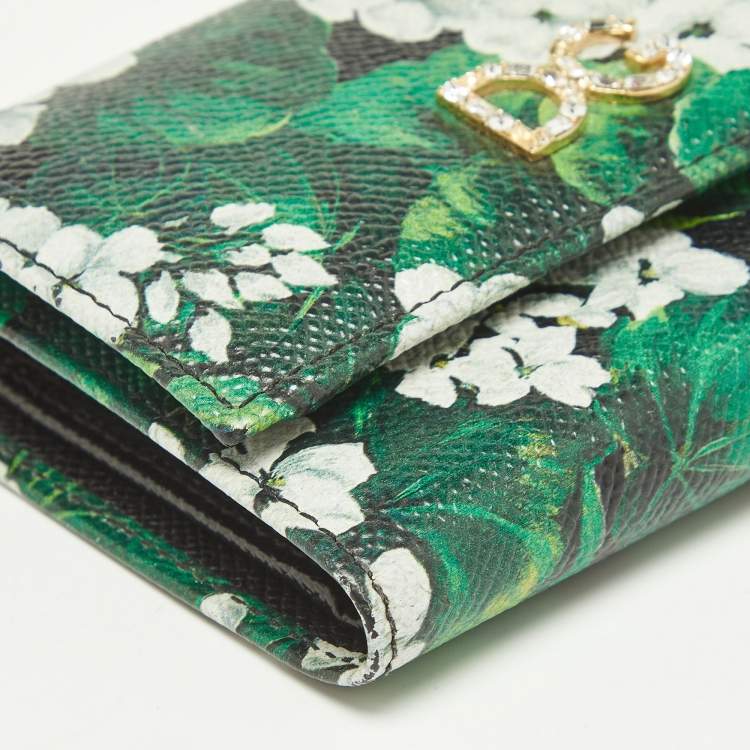 Pre Owned Dolce & Gabbana Green Floral Printed Leather DG Crystals Trifold Wallet
