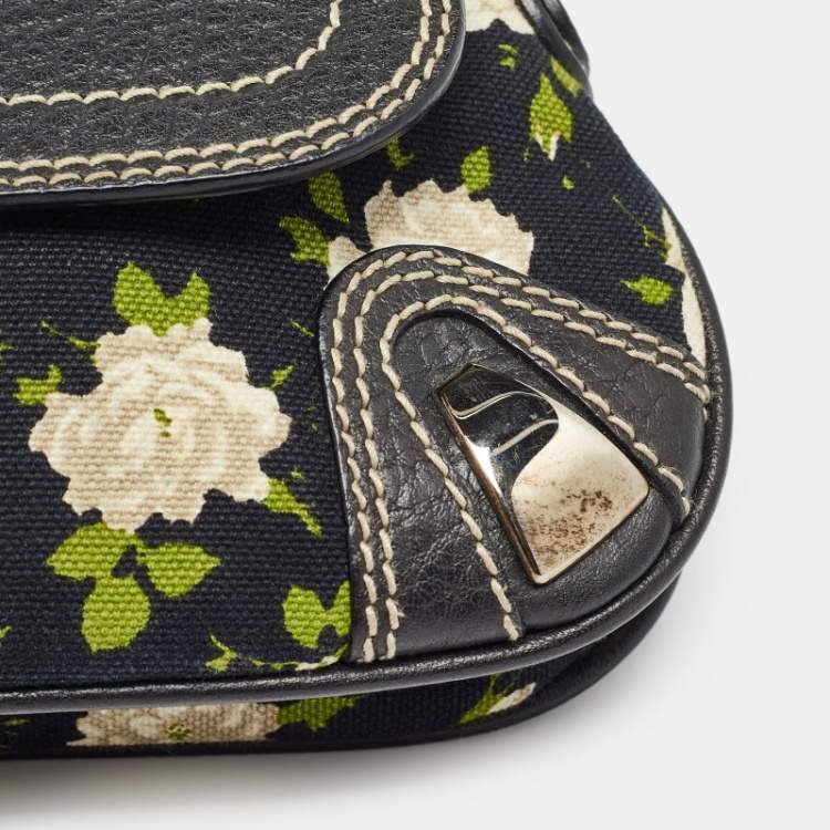 Pre Owned Dolce & Gabbana Blue/Multicolor Floral Print Canvas and Leather Shoulder Bag