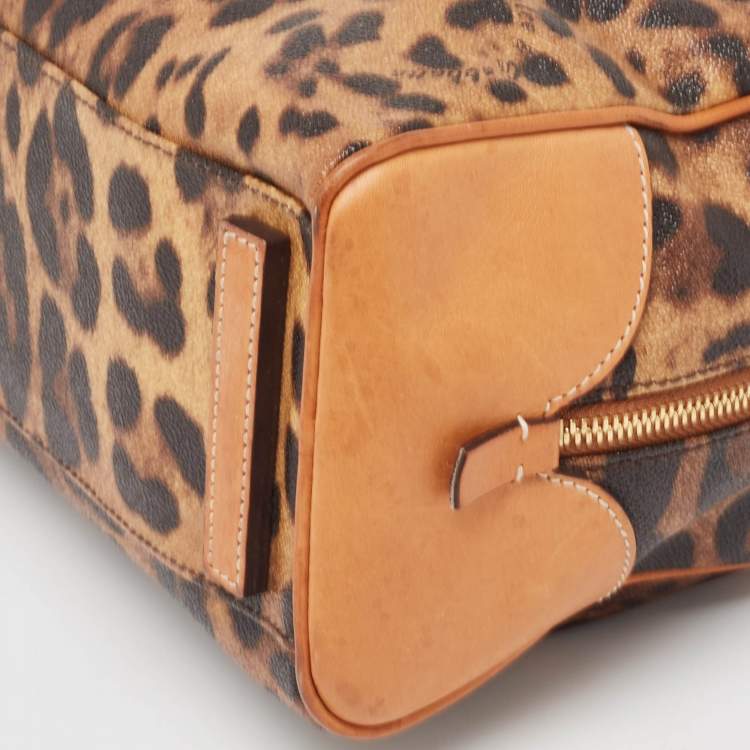 Pre Owned Dolce & Gabbana Brown/Black Leopard Print Coated Canvas and Leather Satchel