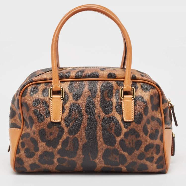 Pre Owned Dolce & Gabbana Brown/Black Leopard Print Coated Canvas and Leather Satchel