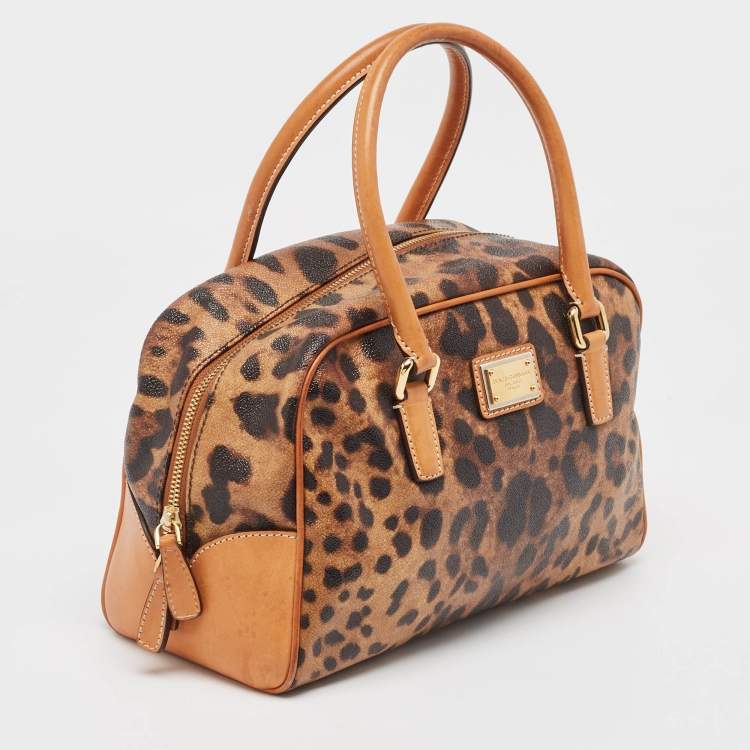 Pre Owned Dolce & Gabbana Brown/Black Leopard Print Coated Canvas and Leather Satchel