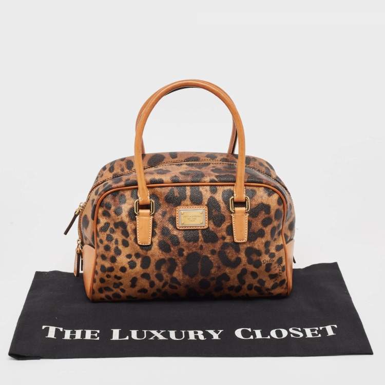 Pre Owned Dolce & Gabbana Brown/Black Leopard Print Coated Canvas and Leather Satchel