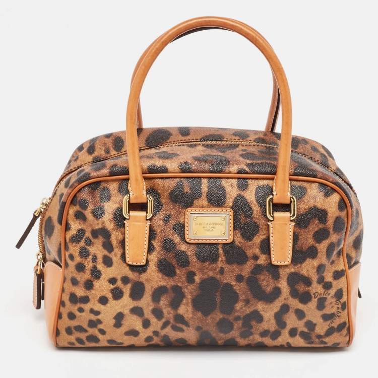 Pre Owned Dolce & Gabbana Brown/Black Leopard Print Coated Canvas and Leather Satchel
