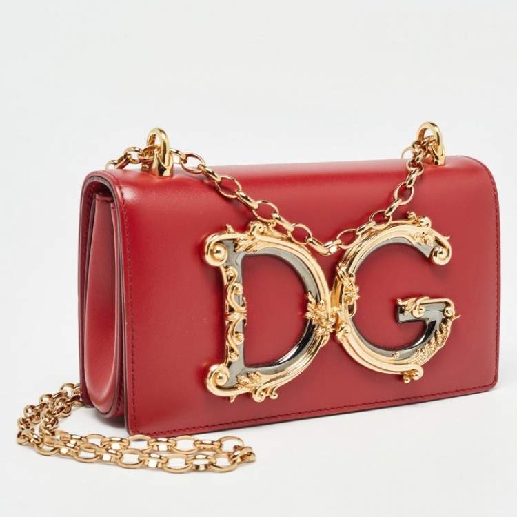 Pre Owned Dolce & Gabbana Red Leather DG Girls Phone Bag