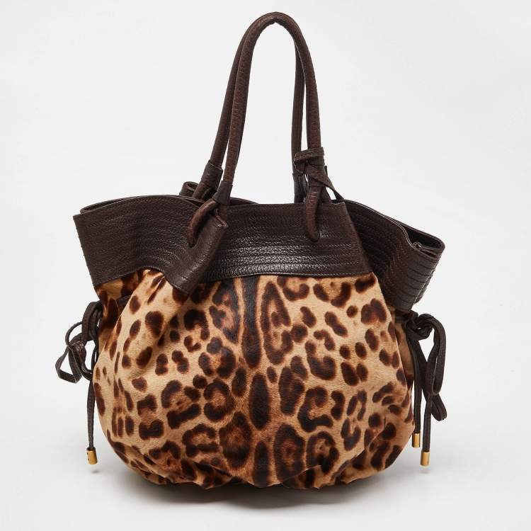 Pre Owned Dolce & Gabbana Brown Leopard Calf Hair and Leather Drawstring Hobo