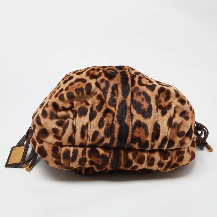 Pre Owned Dolce & Gabbana Brown Leopard Calf Hair and Leather Drawstring Hobo