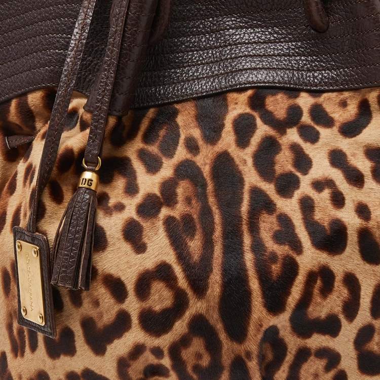 Pre Owned Dolce & Gabbana Brown Leopard Calf Hair and Leather Drawstring Hobo