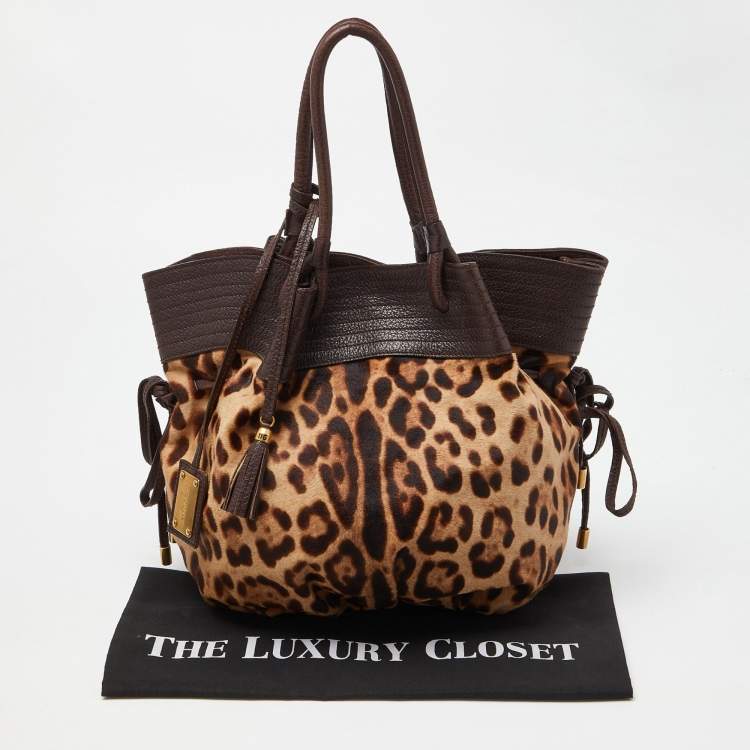 Pre Owned Dolce & Gabbana Brown Leopard Calf Hair and Leather Drawstring Hobo