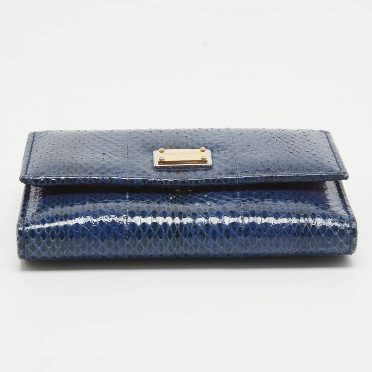 Pre Owned Dolce & Gabbana Blue Watersnake Leather Logo Trifold Wallet