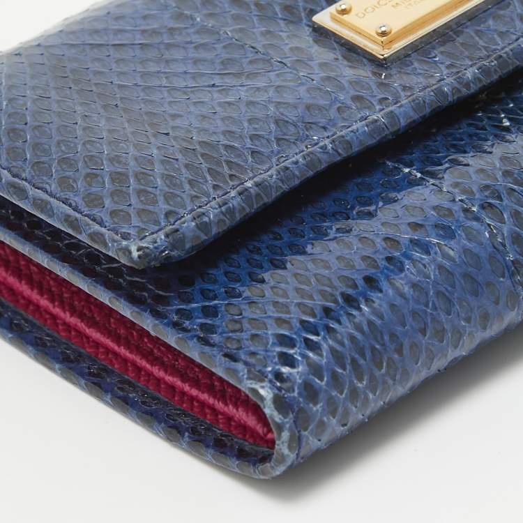 Pre Owned Dolce & Gabbana Blue Watersnake Leather Logo Trifold Wallet