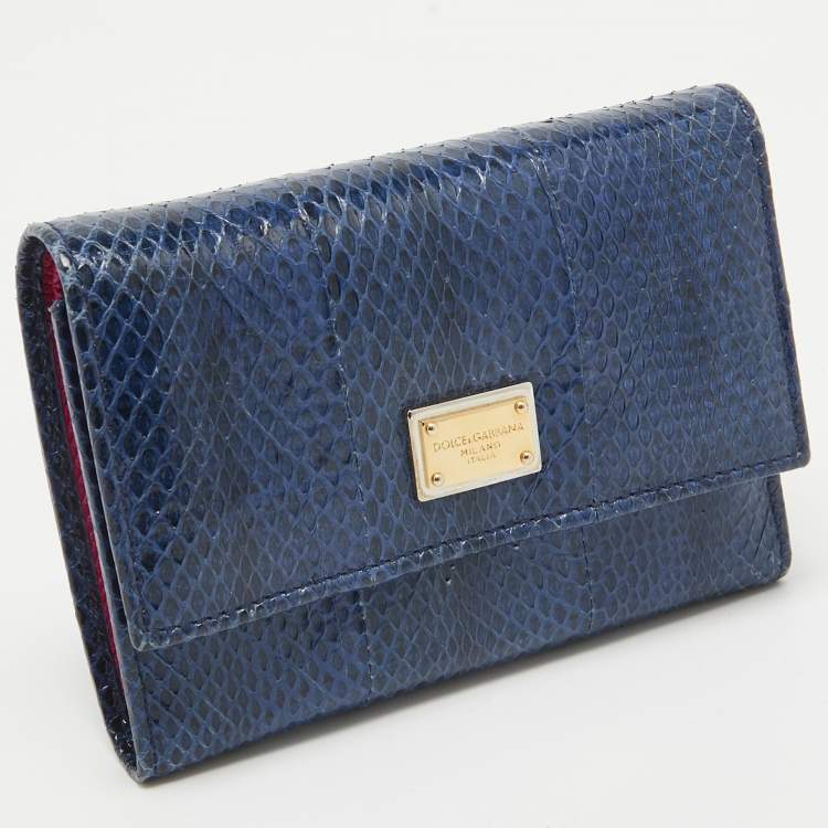 Pre Owned Dolce & Gabbana Blue Watersnake Leather Logo Trifold Wallet