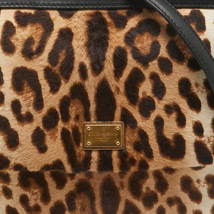 مملوكة مسبقًا Dolce & Gabbana Brown/Beige Leopard Print Calfhair and Leather Medium Sicily Top Handle Bag