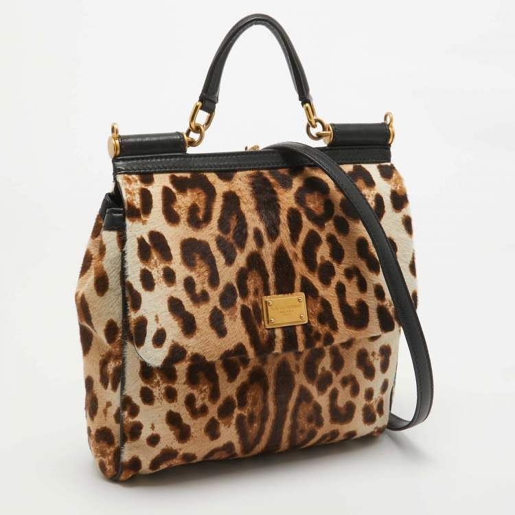 مملوكة مسبقًا Dolce & Gabbana Brown/Beige Leopard Print Calfhair and Leather Medium Sicily Top Handle Bag