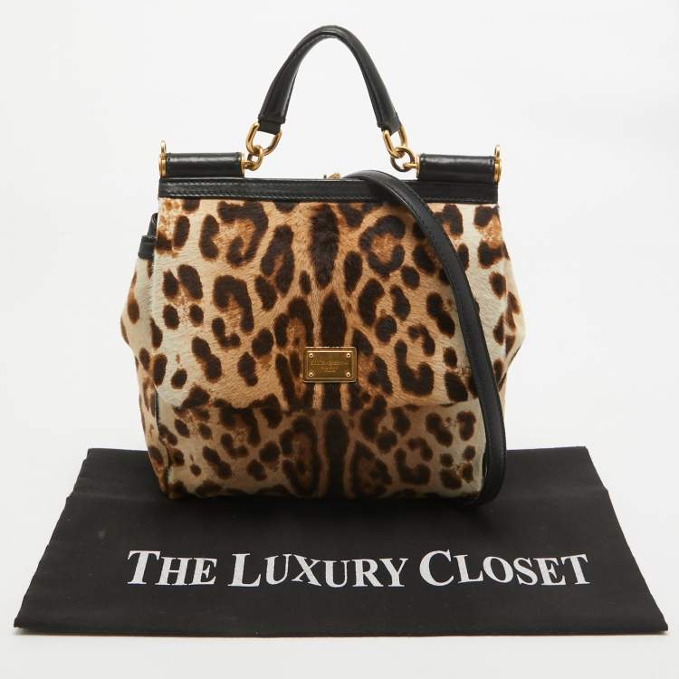 مملوكة مسبقًا Dolce & Gabbana Brown/Beige Leopard Print Calfhair and Leather Medium Sicily Top Handle Bag
