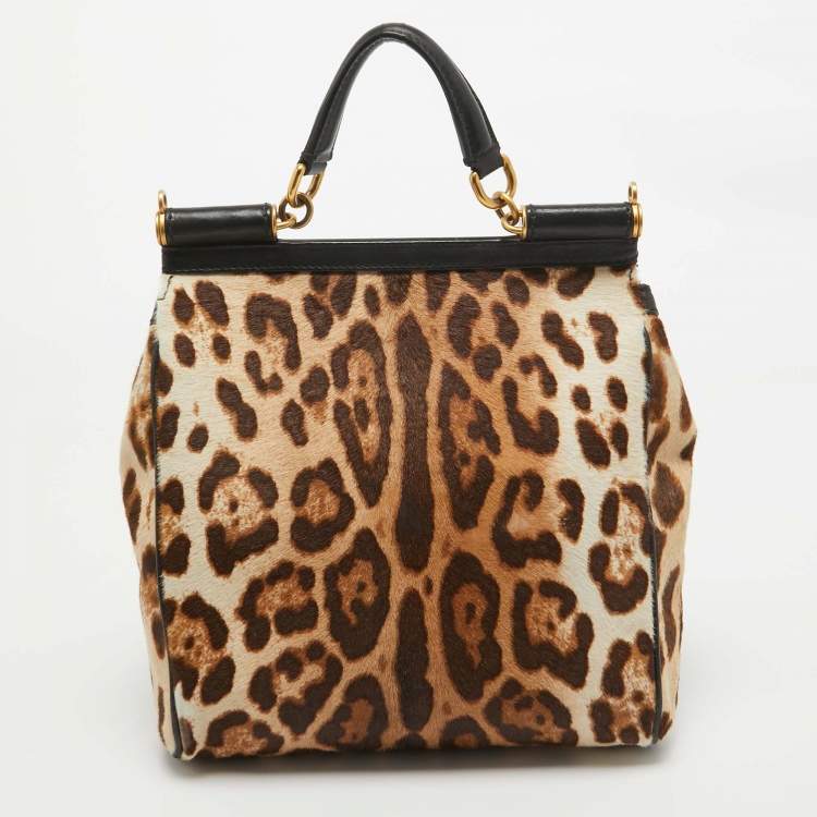 مملوكة مسبقًا Dolce & Gabbana Brown/Beige Leopard Print Calfhair and Leather Medium Sicily Top Handle Bag