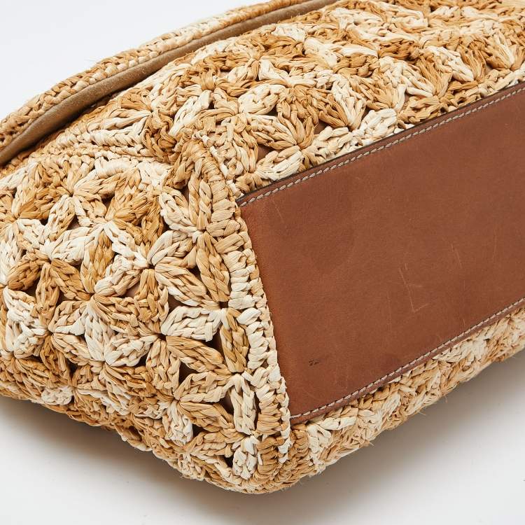 Pre Owned Dolce & Gabbana Beige/Brown Crochet Raffia and Leather Large Miss Sicily Top Handle Bag 