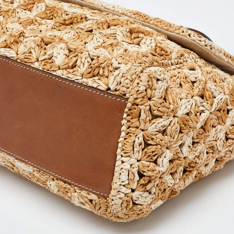 Pre Owned Dolce & Gabbana Beige/Brown Crochet Raffia and Leather Large Miss Sicily Top Handle Bag 