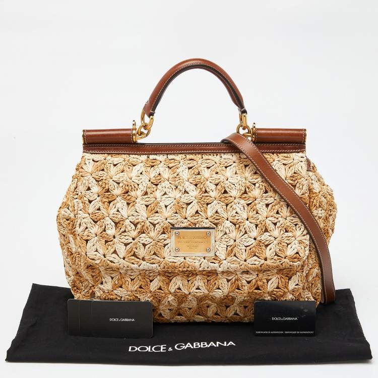 Pre Owned Dolce & Gabbana Beige/Brown Crochet Raffia and Leather Large Miss Sicily Top Handle Bag 