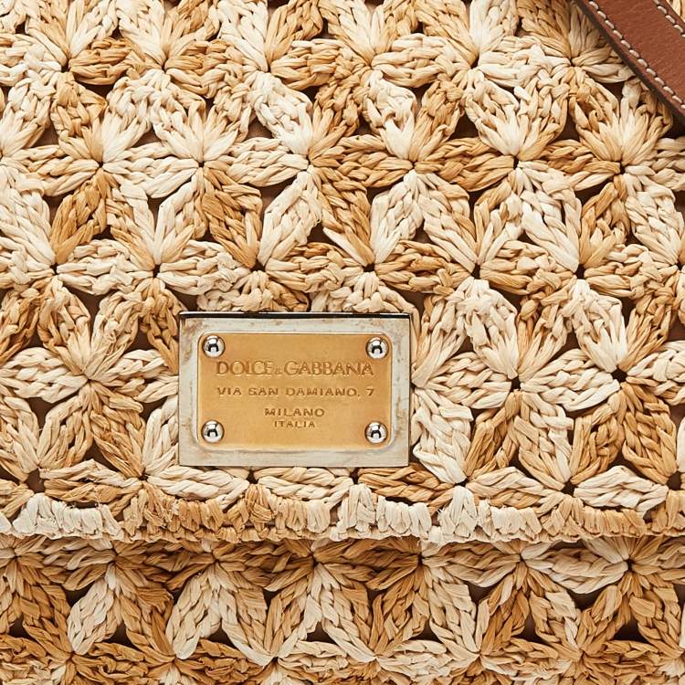 Pre Owned Dolce & Gabbana Beige/Brown Crochet Raffia and Leather Large Miss Sicily Top Handle Bag 