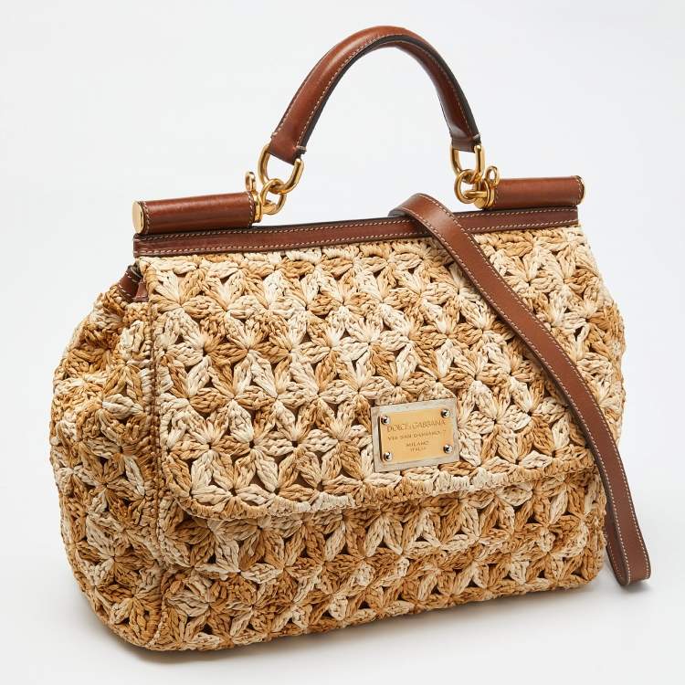 Pre Owned Dolce & Gabbana Beige/Brown Crochet Raffia and Leather Large Miss Sicily Top Handle Bag 