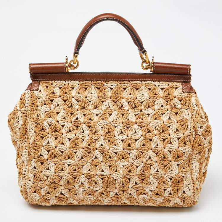 Pre Owned Dolce & Gabbana Beige/Brown Crochet Raffia and Leather Large Miss Sicily Top Handle Bag 