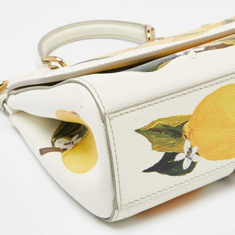 Pre Owned Dolce & Gabbana Off White/Yellow Lemon Print Leather Small Miss Sicily Top Handle Bag