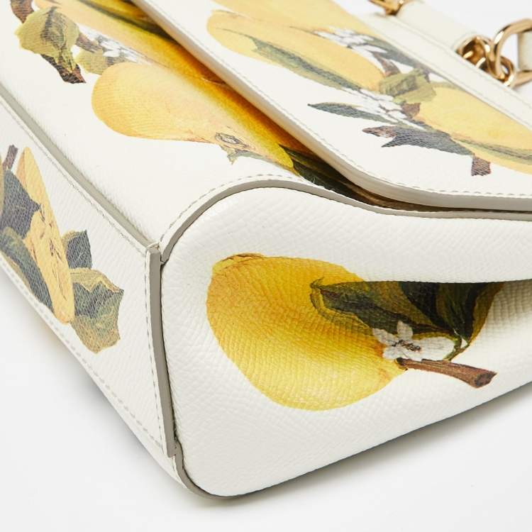 Pre Owned Dolce & Gabbana Off White/Yellow Lemon Print Leather Small Miss Sicily Top Handle Bag