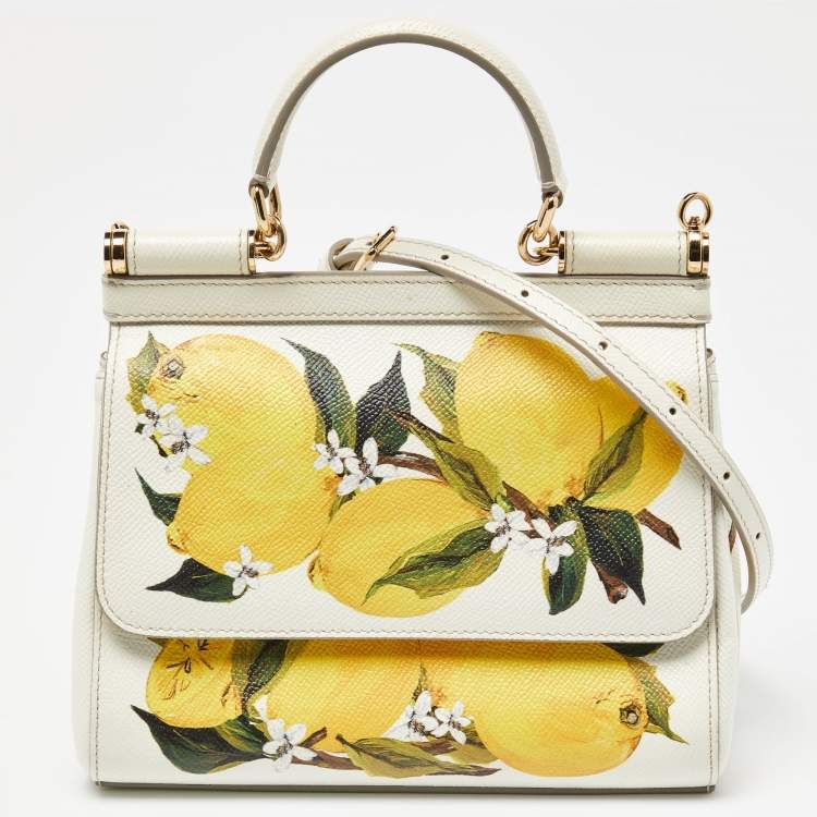 Pre Owned Dolce & Gabbana Off White/Yellow Lemon Print Leather Small Miss Sicily Top Handle Bag