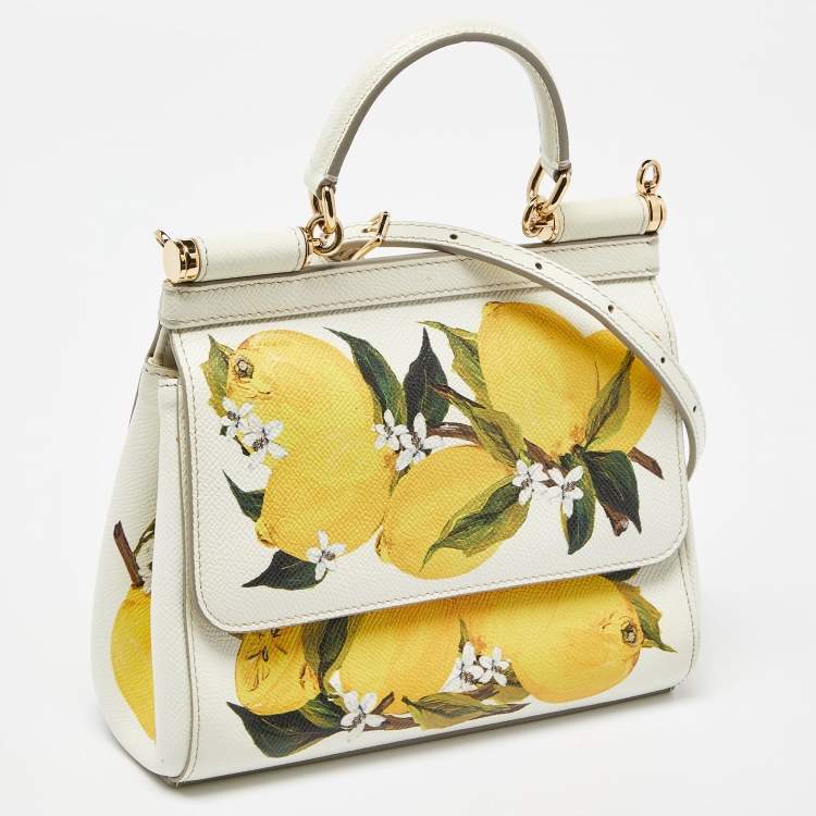 Pre Owned Dolce & Gabbana Off White/Yellow Lemon Print Leather Small Miss Sicily Top Handle Bag