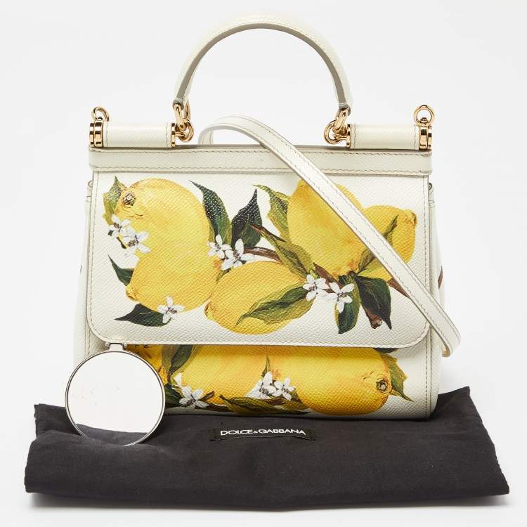 Pre Owned Dolce & Gabbana Off White/Yellow Lemon Print Leather Small Miss Sicily Top Handle Bag