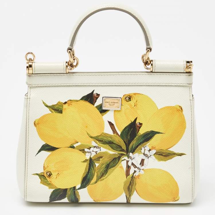 Pre Owned Dolce & Gabbana Off White/Yellow Lemon Print Leather Small Miss Sicily Top Handle Bag