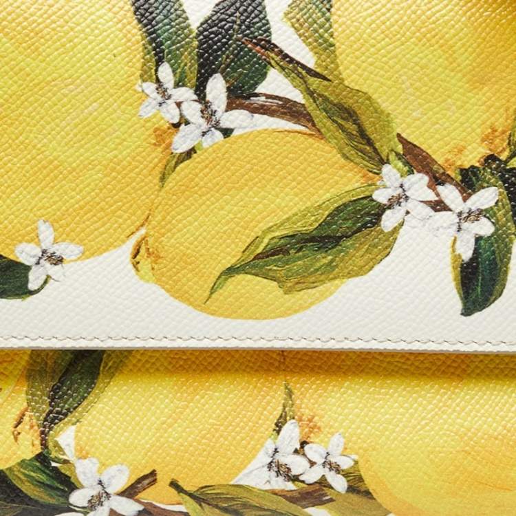 Pre Owned Dolce & Gabbana Off White/Yellow Lemon Print Leather Small Miss Sicily Top Handle Bag