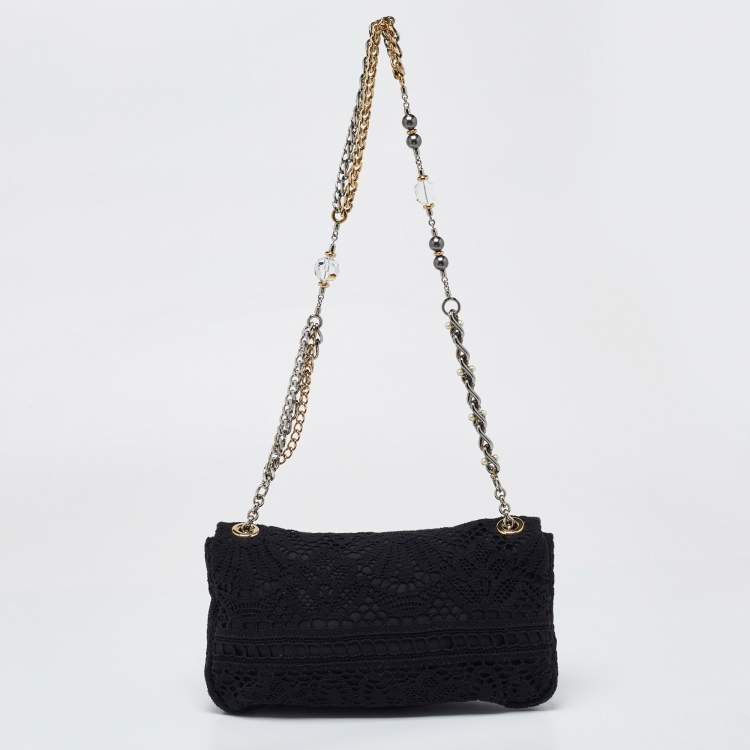 Pre Owned Dolce & Gabbana Black Lace Chain Flap Shoulder Bag