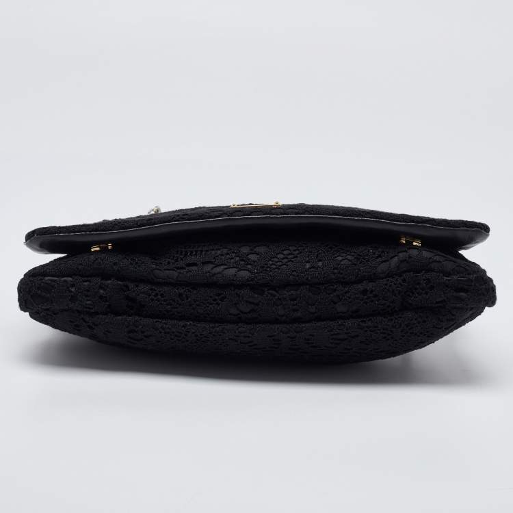 Pre Owned Dolce & Gabbana Black Lace Chain Flap Shoulder Bag