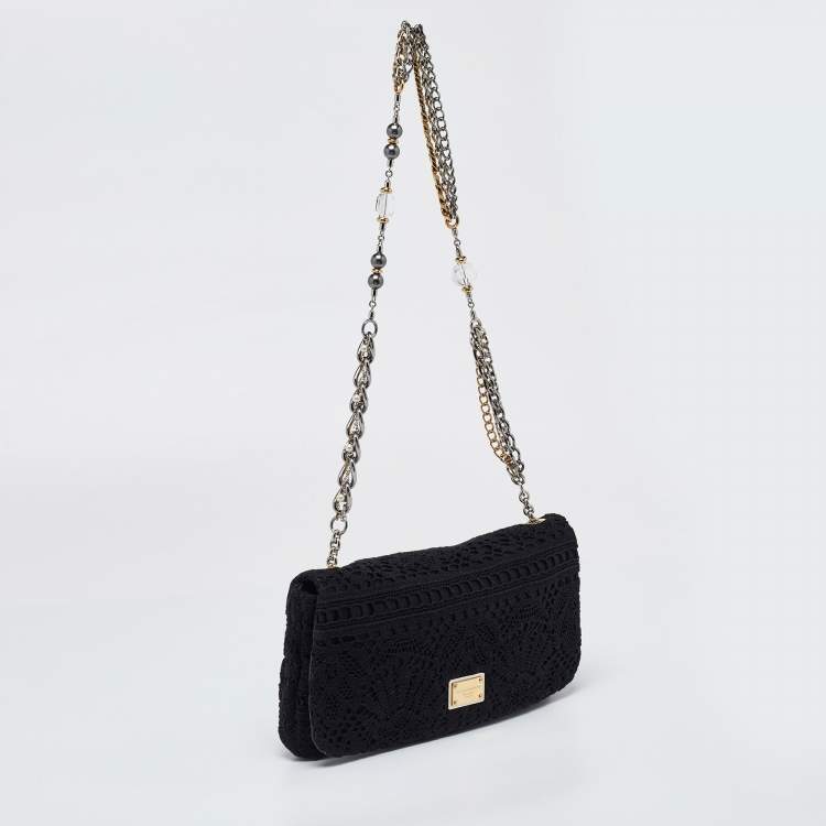 Pre Owned Dolce & Gabbana Black Lace Chain Flap Shoulder Bag