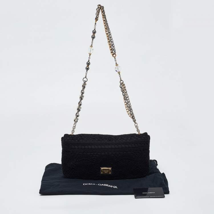 Pre Owned Dolce & Gabbana Black Lace Chain Flap Shoulder Bag