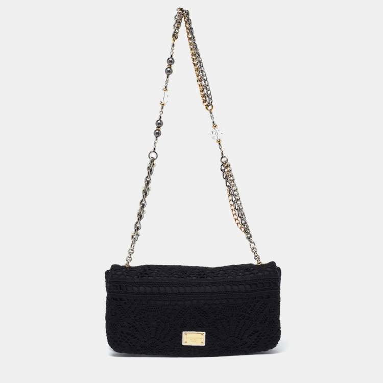 Pre Owned Dolce & Gabbana Black Lace Chain Flap Shoulder Bag