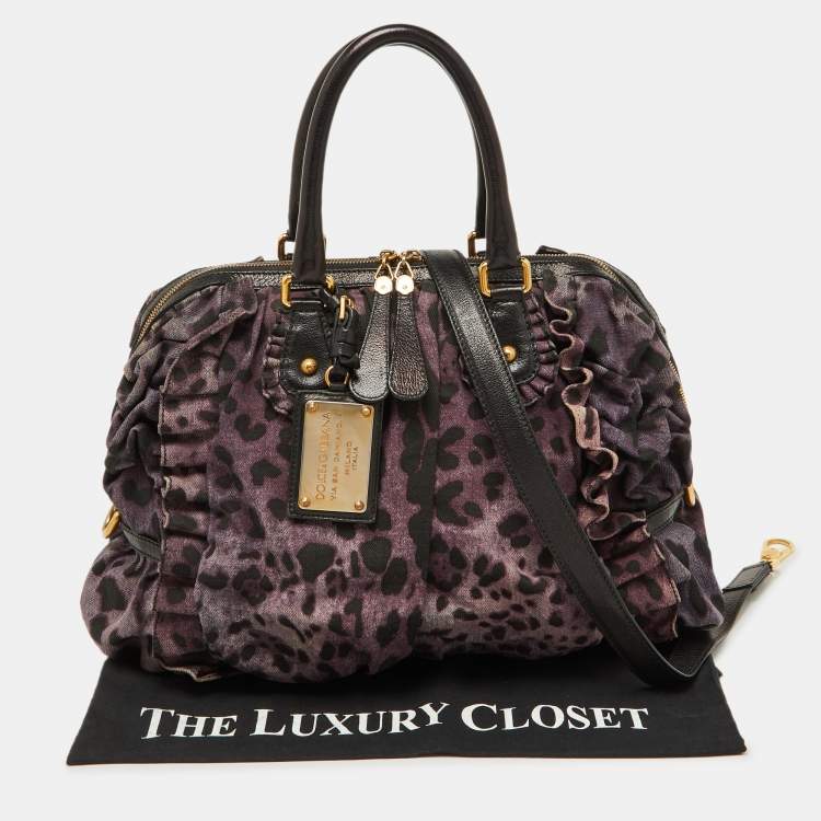 Pre Owned Dolce & Gabbana Purple Leopard Print Canvas and Leather Miss Rouche Bag