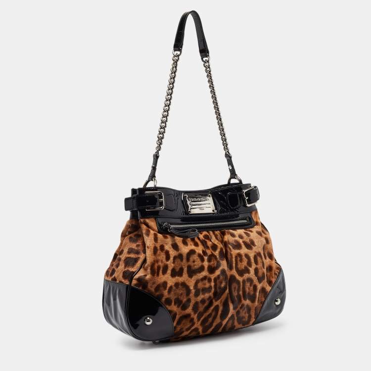 Pre Owned Dolce & Gabbana Black/Brown Leopard Calfhair and Patent Leather Miss Silky Hobo