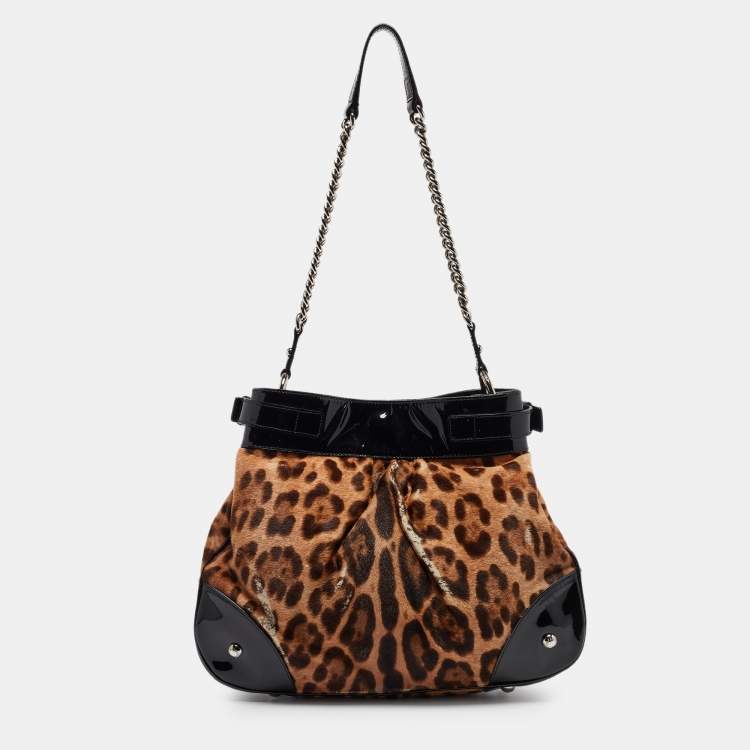 Pre Owned Dolce & Gabbana Black/Brown Leopard Calfhair and Patent Leather Miss Silky Hobo