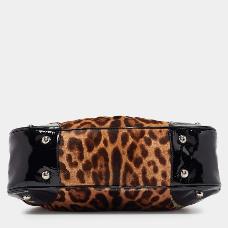 Pre Owned Dolce & Gabbana Black/Brown Leopard Calfhair and Patent Leather Miss Silky Hobo