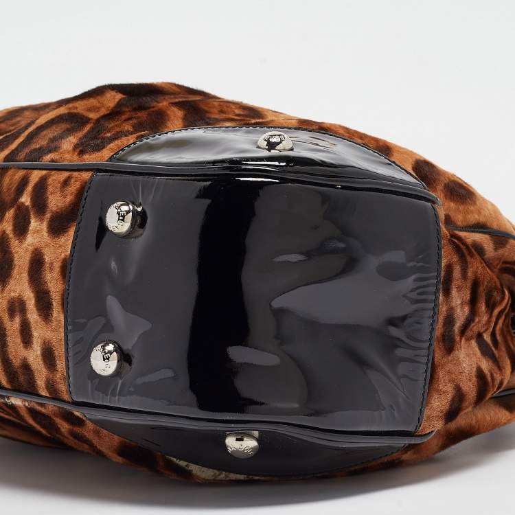 Pre Owned Dolce & Gabbana Black/Brown Leopard Calfhair and Patent Leather Miss Silky Hobo