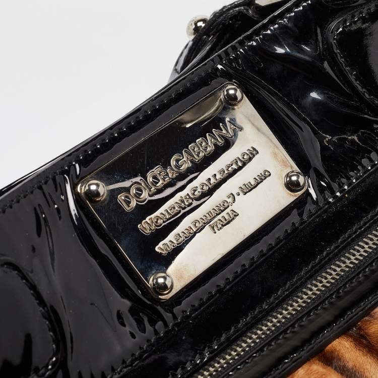Pre Owned Dolce & Gabbana Black/Brown Leopard Calfhair and Patent Leather Miss Silky Hobo
