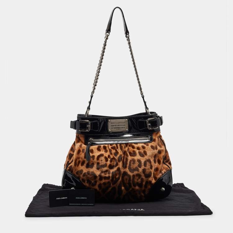 Pre Owned Dolce & Gabbana Black/Brown Leopard Calfhair and Patent Leather Miss Silky Hobo