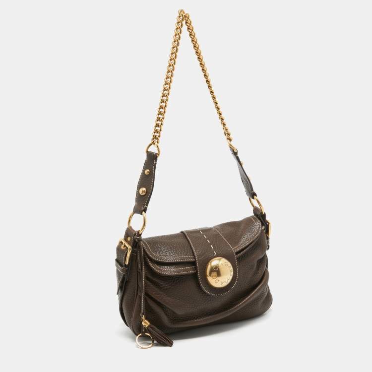 Pre Owned Dolce & Gabbana Dark Brown Leather Flap Tassel Shoulder Bag