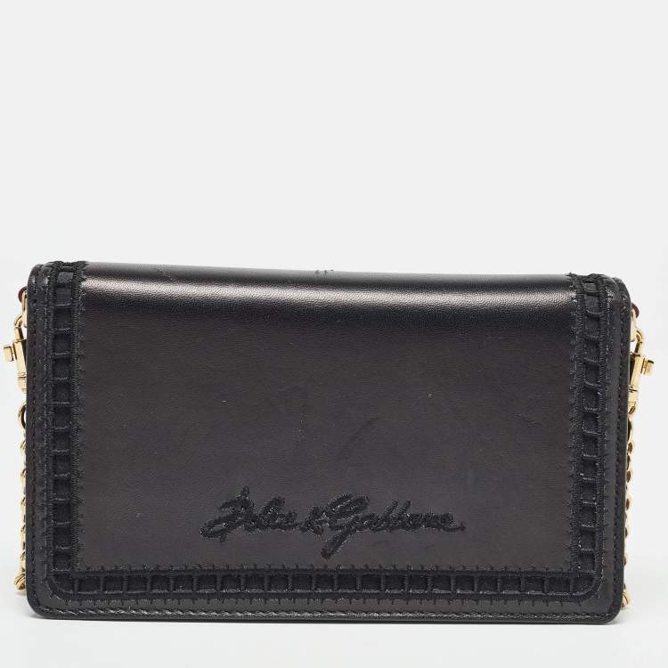 Pre Owned Dolce & Gabbana Black Leather Embroidered Lucia Wallet On Chain