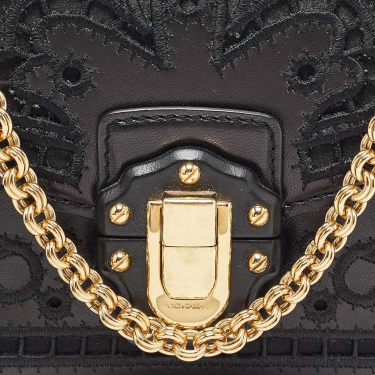 Pre Owned Dolce & Gabbana Black Leather Embroidered Lucia Wallet On Chain