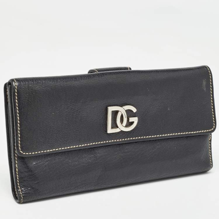 Pre Owned Dolce & Gabbana Black Leather Logo Tri Fold Continental Wallet