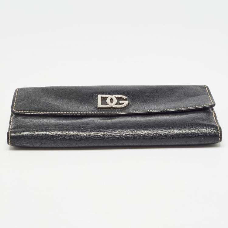 Pre Owned Dolce & Gabbana Black Leather Logo Tri Fold Continental Wallet