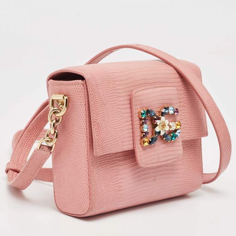 Pre Owned Dolce & Gabbana Pink Lizard Embossed Leather Mini DG Millennials Crossbody Bag